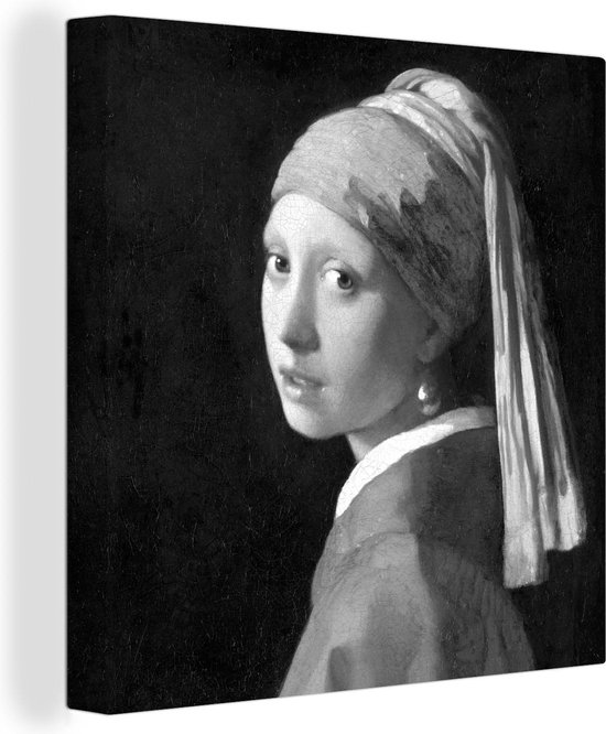 Canvas Schilderij Meisje met de Parel - Schilderij van Johannes Vermeer - zwart wit - 50x50 cm - Wanddecoratie