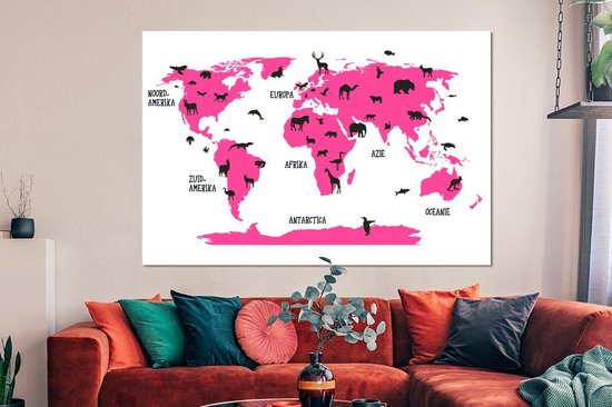 Décoration murale Métal - Peinture Aluminium - Wereldkaart Enfants - Rose - Animaux - 150x100 cm