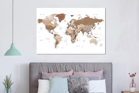 Décoration murale Métal - Peinture Aluminium - Carte du Wereldkaart - Simple - Marron - 150x100 cm
