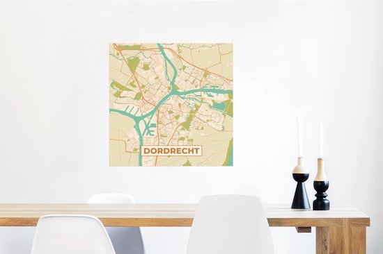 Carte murale de Dordrecht avec routes et voies navigables en orange, vert et beige.