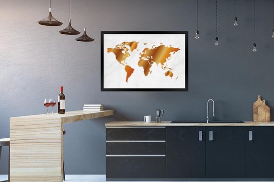 Cadre photo avec affiche - Wereldkaart - Marbre - Or - 90x60 cm - Cadre pour affiche