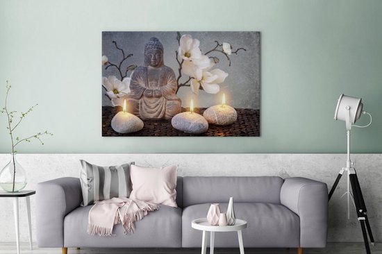 Peintures sur toile Bouddha - Bougies - Grijs - 120x80 cm - Décoration murale
