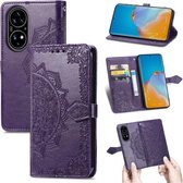 Voor Huawei P50 Mandala Bloem Reliëf Horizontale Flip Lederen Case met Beugel / Kaartsleuf / Portemonnee / Lanyard (Paars)