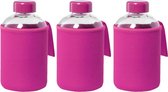 3x stuks glazen waterfles/drinkfles met fuchsia roze softshell bescherm hoes 600 ml - Sportfles - Bidon