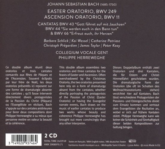 Albumhoes met tekst en barcode. Titel: Johann Sebastian Bach Easter Oratorio, Ascension Oratorio, Cantatas BWV 43, 44, 66. Collegium Vocale Gent, Philippe Herreweghe. 2 CD.