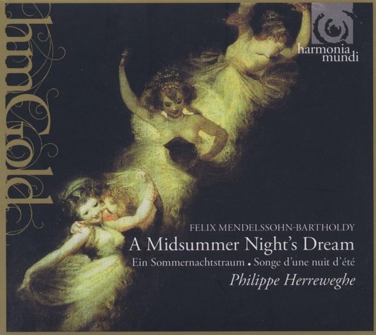 Albumhoes met een schilderij van drie nimfen in het geel, die dansen onder maanlicht. Tekst: 'A Midsummer Night's Dream'.