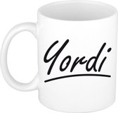 Yordi naam cadeau mok / beker met sierlijke letters - Cadeau collega/ vaderdag/ verjaardag of persoonlijke voornaam mok werknemers