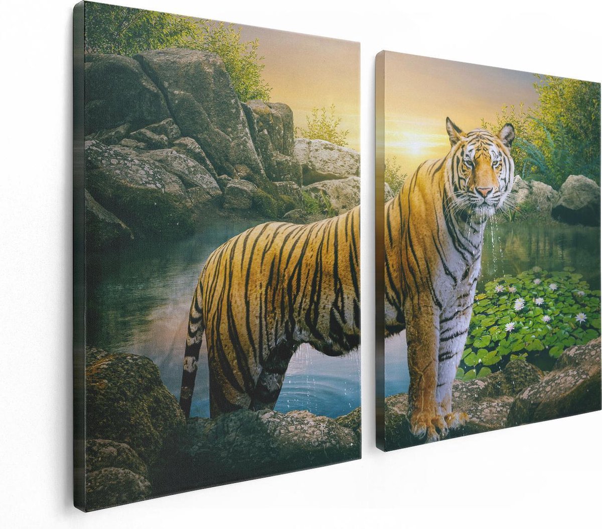 Artaza Canvas Schilderij Tweeluik Luipaard In Een Vijver Bij Zonsondergang - 120x80 - Foto Op Canvas - Canvas Print