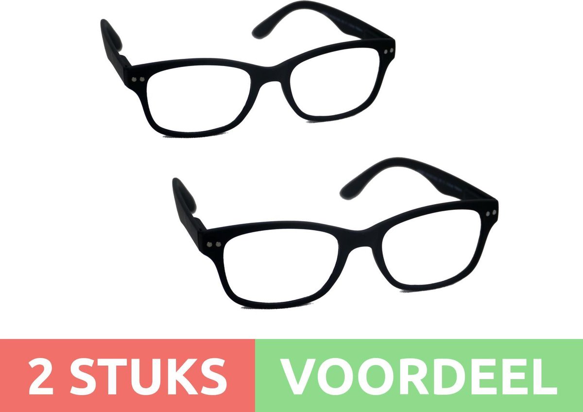 Computer bril - zwart rechthoekig sterkte +2.5 - 2 stuks - blauw licht filter - blue blocker leesbril
