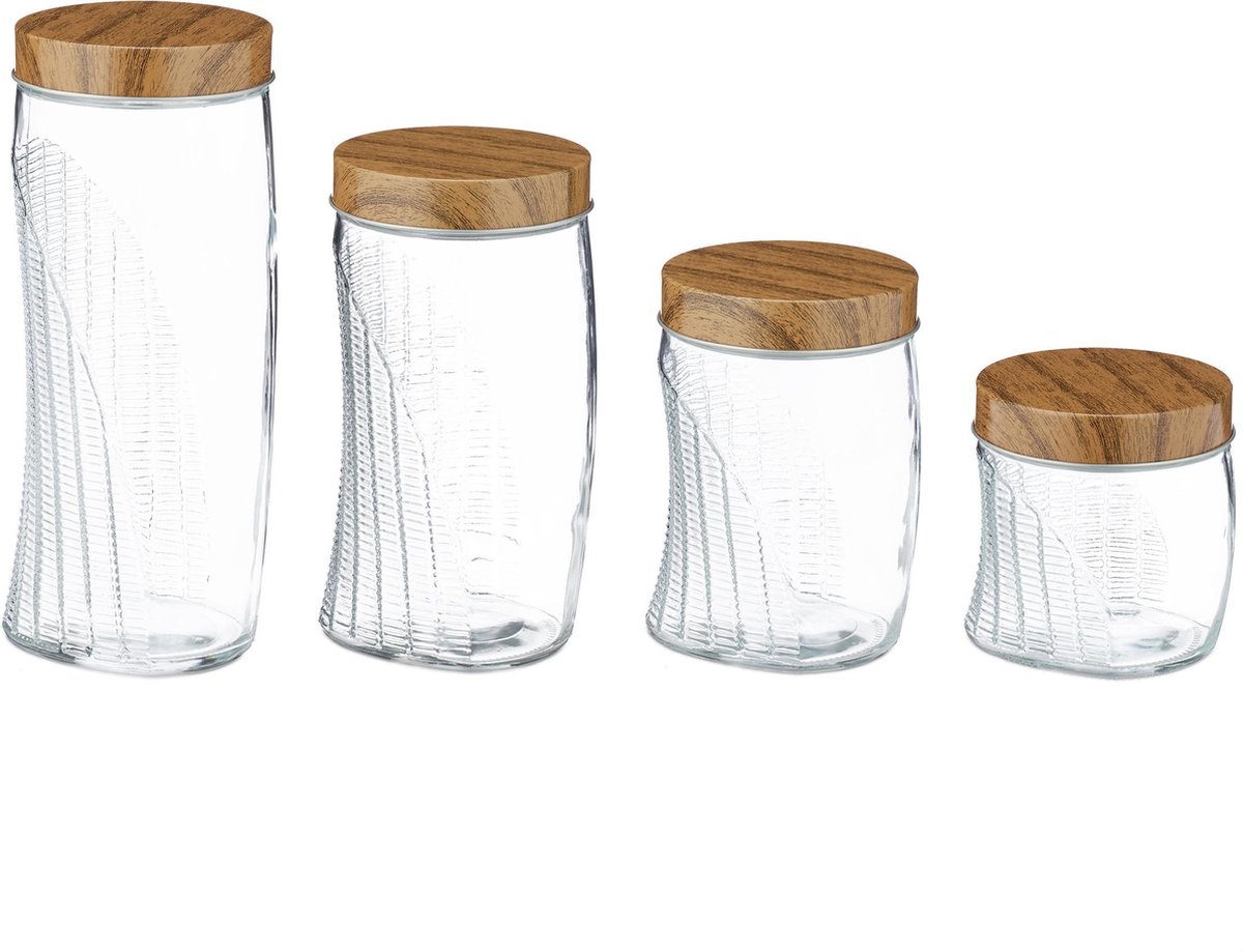 Relaxdays Lot de 9 bocaux en verre, petits pots avec couvercle bambou, 500  ml, hermétique, transparent/nature