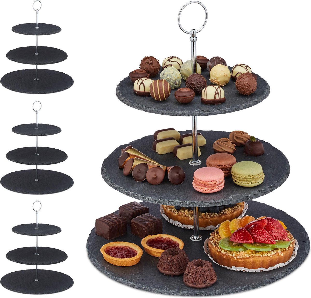 4x etagère 3 laags - serveerschaal leisteen - serveerset - H x D 34 x 30 cm