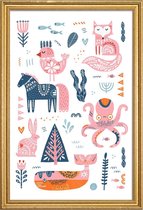 JUNIQE - Poster met houten lijst Patchwork Animals -40x60 /Roze & Wit