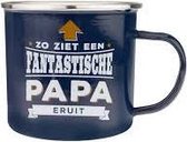 Mok - Top vent - Papa - Geëmailleerd - Gevuld met een verpakte toffeemix - In cadeauverpakking