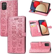 Voor Galaxy A03S Leuke Kat en Hond Reliëf Horizontale Flip Lederen Case met Houder & Kaartsleuven & Portemonnee & Lanyard (Roze)