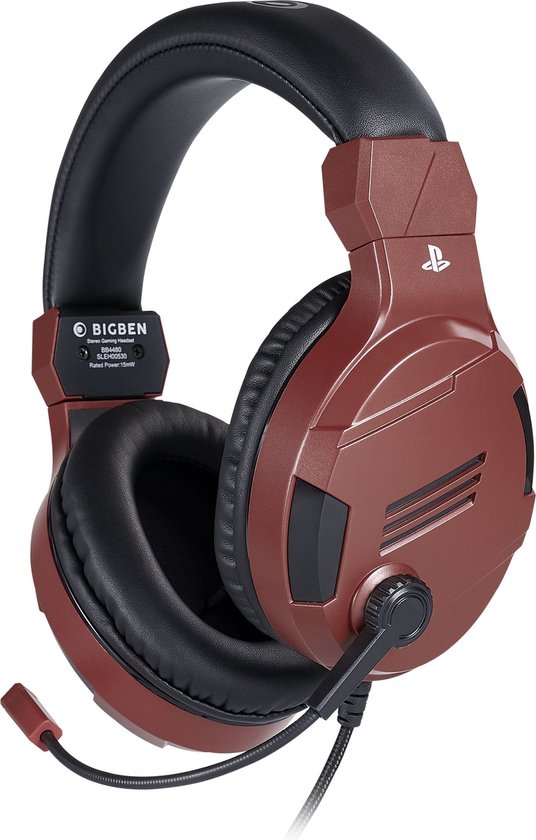 Een rode Bigben stereo gaming headset met zwarte oorkussens en hoofdband, met microfoon.