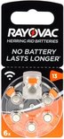 Rayovac 13 gehoorapparaatbatterijen, 6 stuks, met slogan 'Geen batterij gaat langer mee'