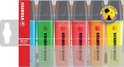 STABILO BOSS ORIGINAL verpakking met 6 markeerstiften: lichtblauw, groen, rood, roze, oranje, geel.