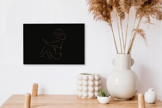 Toile Peinture Femme - Chapeau - Or - Dessin au Line - 30x20 cm - Décoration murale