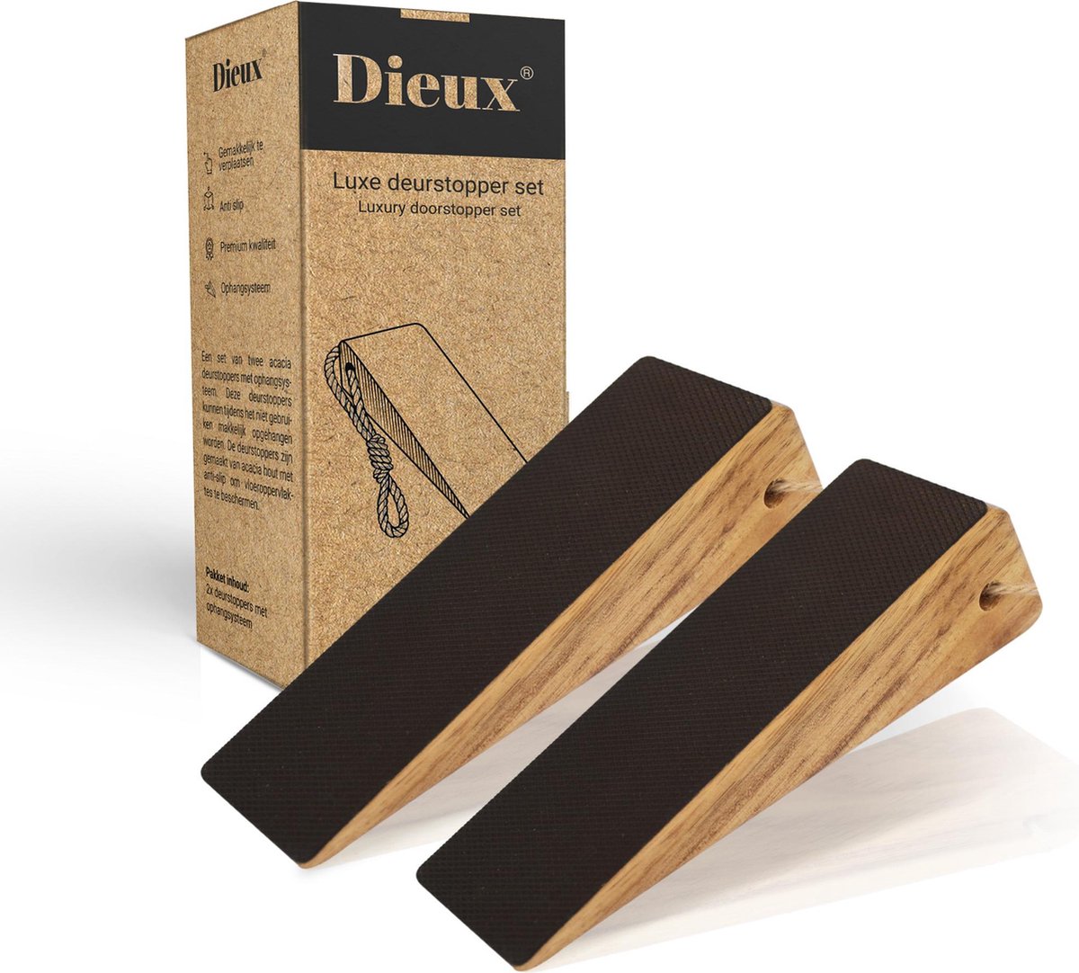 Dieux® - Luxe Deurstopper Set van acaciahout - 2 stuks - Deurstop - Deurdranger voor binnen met antislip - Deurvastzetter binnendeur - Deurwig van hout ophangbaar