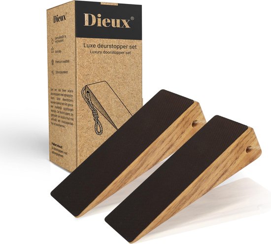 Dieux® - Luxe Deurstopper Set van acaciahout - 2 stuks - Deurstop - Deurdranger voor binnen met antislip - Deurvastzetter binnendeur - Deurwig van hout ophangbaar - Pasen