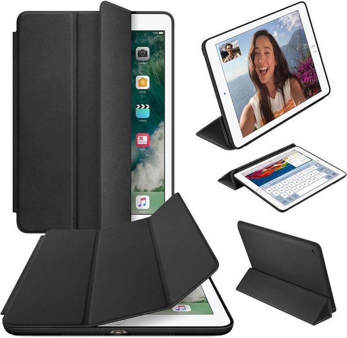 Tablethoes Geschikt voor: Apple iPad Air 1 / Air 2 / iPad 2017 / iPad 2018 Ultraslanke Hoesje Tri-Fold Cover Case - Zwart