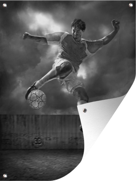 Tuin decoratie Een illustratie van een voetballer die tegen de bal schopt - Jongens - Jongetje - Kids - 30x40 cm - Tuindoek - Buitenposter