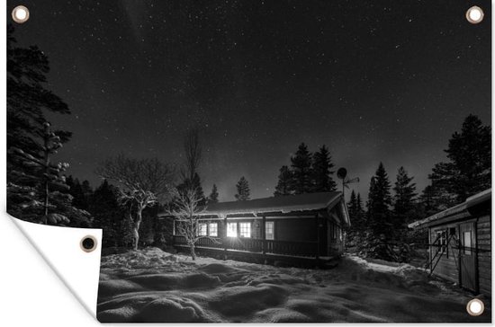 Het noorderlicht boven een blokhut in de sneeuw - zwart wit - Tuindoek