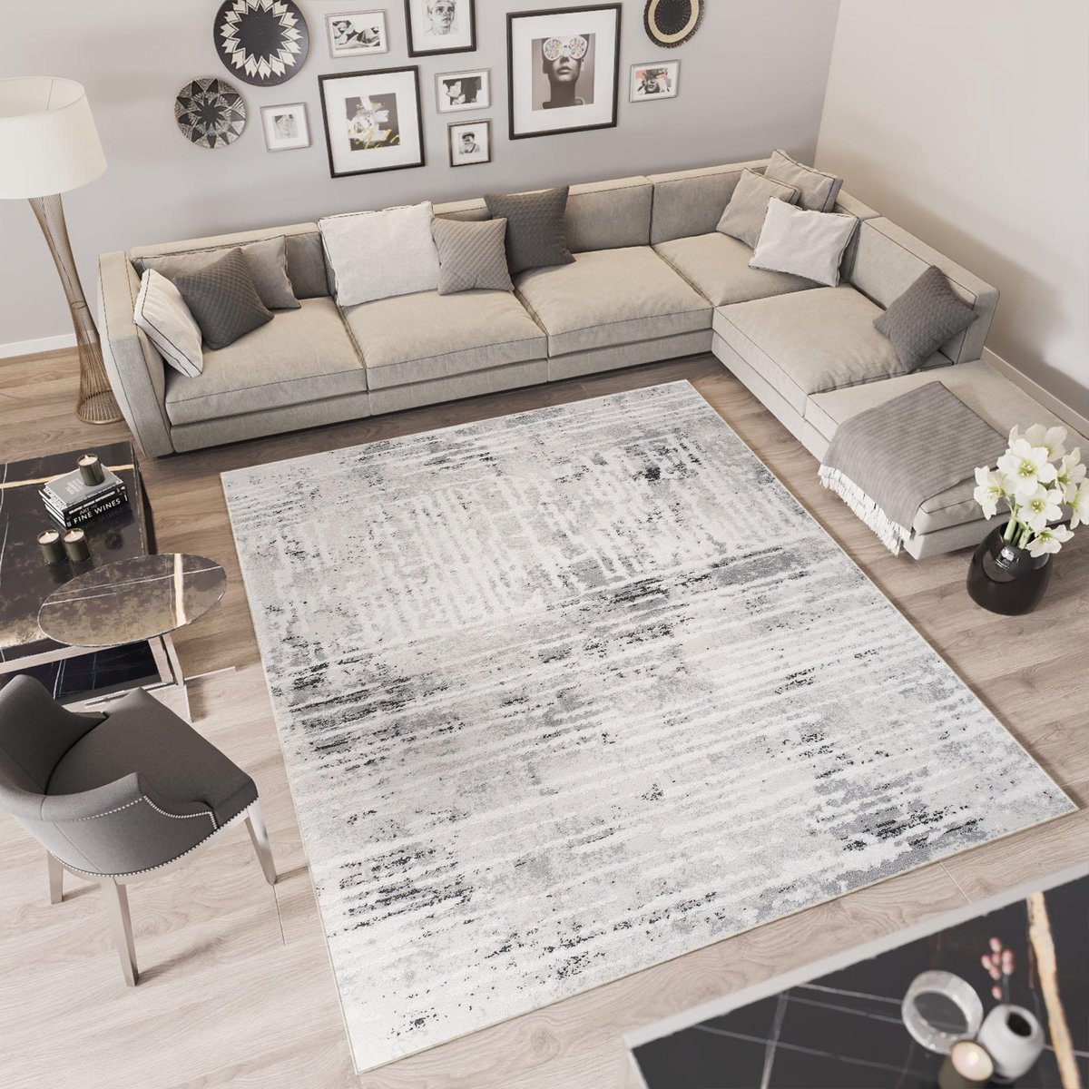 Tapiso Troya Vloerkleed Woonkamer Slaapkamer Grijs Vintage Lijnen Design Eyecatcher Interieur Stijlvol Woonsfeer Modern Trendy Duurzaam Hoogwaardig Tapijt Maat - 160x220 Grijs Beige2