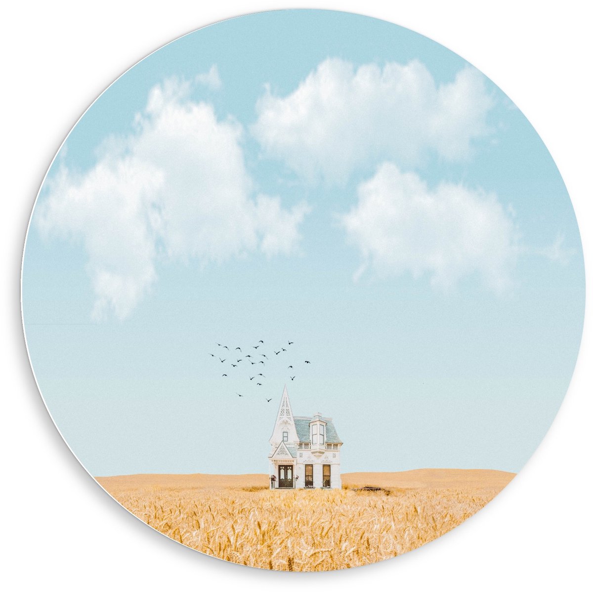KuijsFotoprint Schilderij - Eenzaam Huisje Onder Wolkjes - Wit, Blauw En Bruin - 80 X 80 Cm
