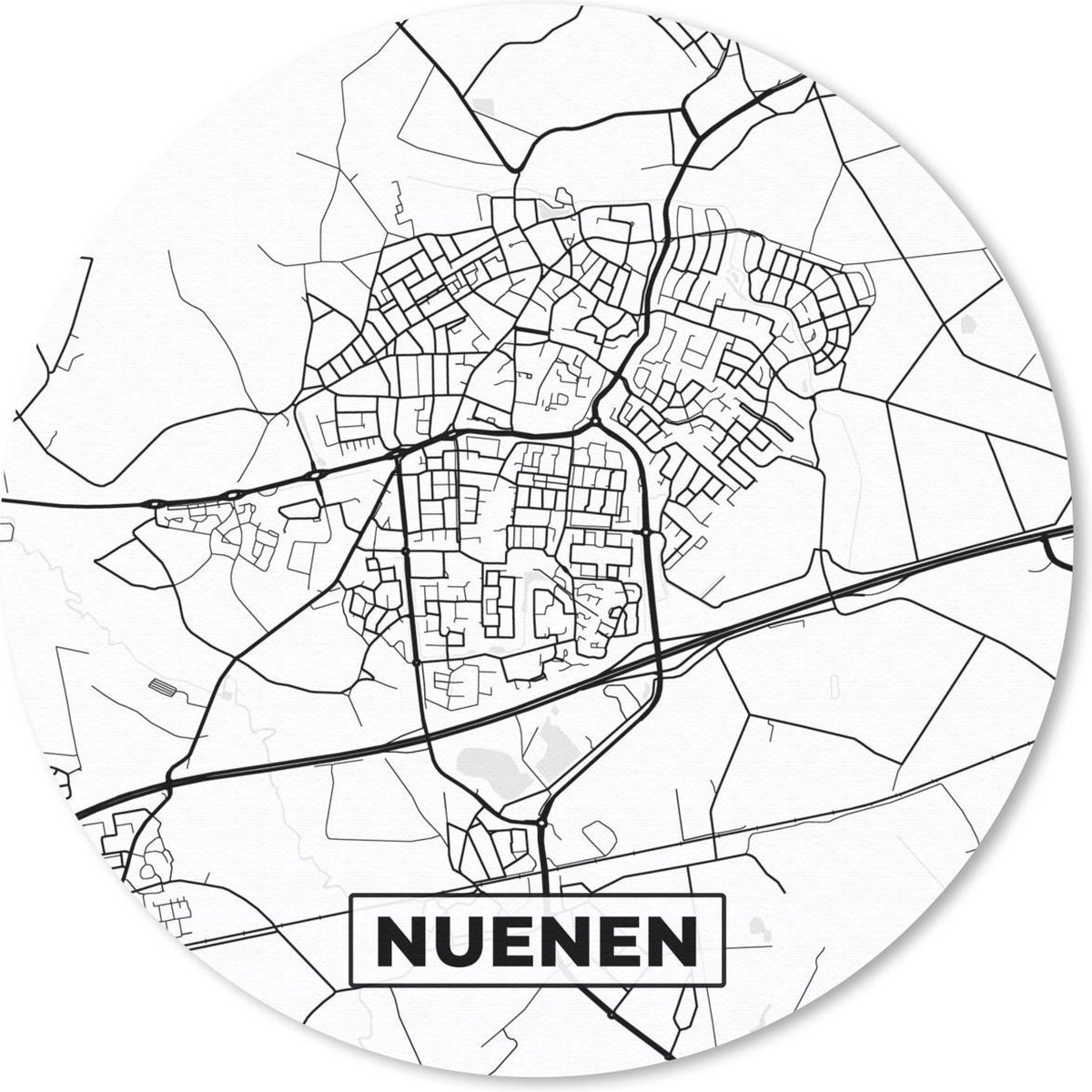 Muismat - Mousepad - Rond - Kaart - Nuenen - Zwart - Wit - 40x40 cm - Ronde muismat