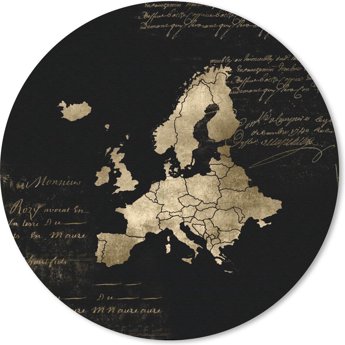 Muismat rond 40x40 cm - Mousepad Europa kaart - Goud - Zwart - Ronde muismatten