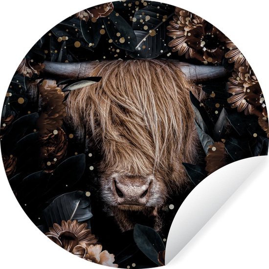 Papier peint Circle - Scottish Highlander - Vaches - Fleurs - Lumière - 100x100 cm XXL