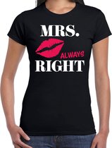 Mrs always right t-shirt zwart met roze lippen voor dames - Vrijgezellenfeest shirt/ bruiloft huwelijk koppel cadeau XL