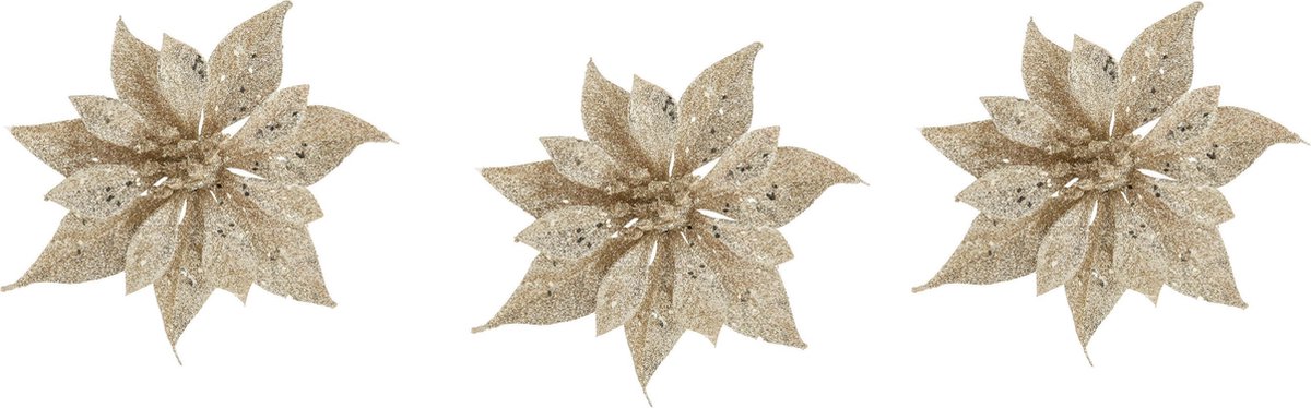 10x stuks decoratie bloemen roos champagne glitter op clip 10 cm - Decoratiebloemen/kerstboomversiering/kerstversiering