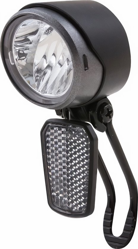 Zwarte fietslamp met een heldere lens en een rechthoekige reflector eronder, aan een metalen beugel.