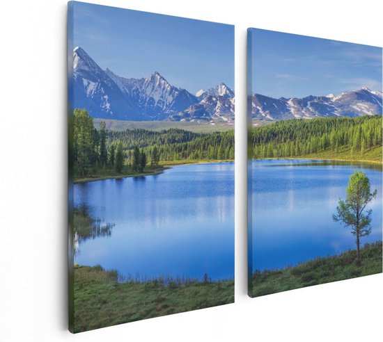 Artaza Peinture sur toile Diptyque Lac près des Montagnes dans la forêt - 80 x 60 - Photo sur toile - Impression sur toile