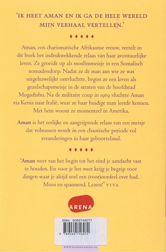 Boekomslag met tekst: 'Ik heet Aman en ik ga de hele wereld mijn verhaal vertellen.' Over Aman, een charismatische Afrikaanse vrouw.