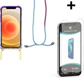 ShieldCase Hoesje met koord geschikt voor Apple iPhone 12 / 12 Pro - 6.1 inch - paars/blauw + glazen Screen Protector