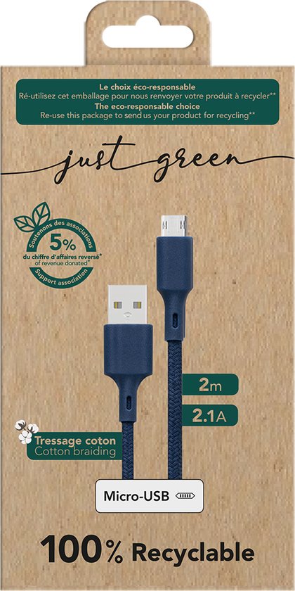 Câble Micro-USB Recyclable Ecologique Just Green Intensité 2.1a 2m Vert