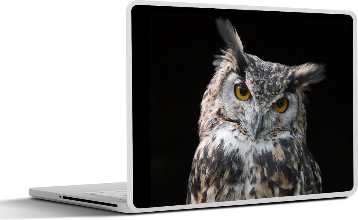 Laptop sticker - 11.6 inch - Portret van een bruine uil met een zwarte achtergrond - 30x21cm - Laptopstickers - Laptop skin - Cover