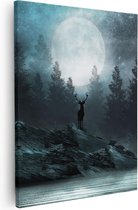 Artaza Canvas Schilderij Hert Op Een Rots Tijdens Volle Maan - 80x100 - Groot - Foto Op Canvas - Canvas Print