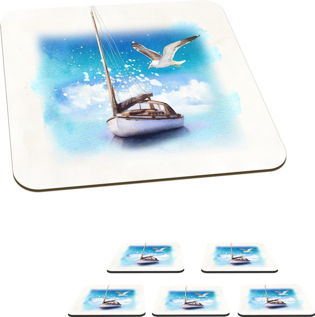 Onderzetters voor glazen - Boot - Vogel - Zee - Waterverf - 10x10 cm - Glasonderzetters - 6 stuks