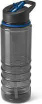 Kunststof waterfles/drinkfles transparant zwart/blauw met rietje 650 ml - Sportfles - Bidon