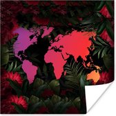 Poster Wereldkaart - Kleuren - Bloemen - 30x30 cm