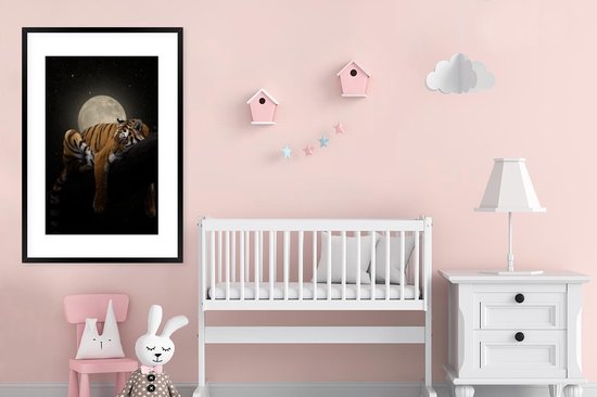Poster in lijst - Fotolijst 80x120 cm - Posters - Tijger - Maan - Sterren - Posterlijst zwart - Decoratie - Wanddecoratie woonkamer - Muurdecoratie slaapkamer