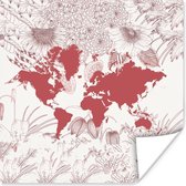 Poster Wereldkaart - Bloem - Roze - 30x30 cm