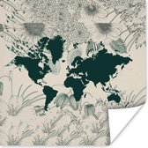 Poster Wereldkaart - Bloemen - Planten - 30x30 cm