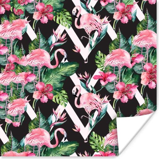 Poster Flamingo - Bloemen - Bladeren - Patronen - 75x75 cm