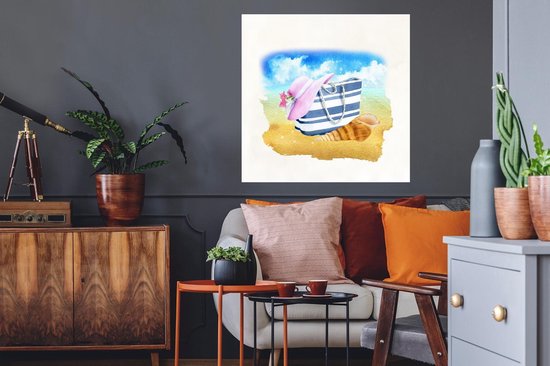 Stickers muraux - Sac de plage - Chapeau - Coquillage - Plage - 80x80 cm - Film adhésif