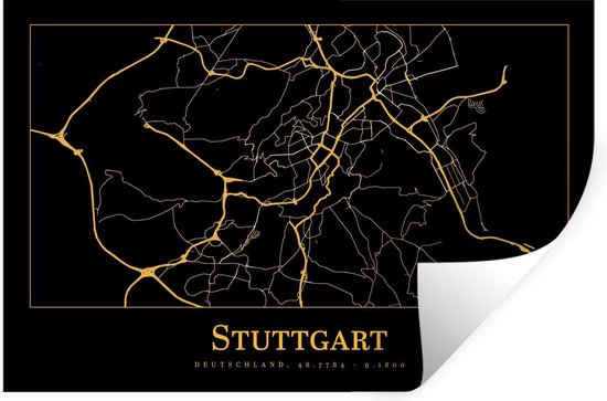 Muurstickers - Sticker Folie - Kaart - Stuttgart - Goud - Zwart - 30x20 cm - Plakfolie - Muurstickers Kinderkamer - Zelfklevend Behang - Zelfklevend behangpapier - Stickerfolie